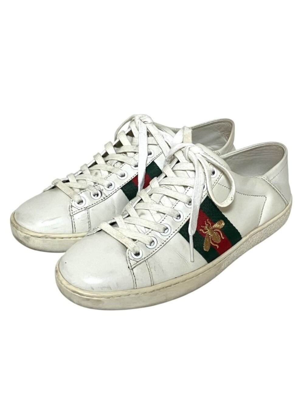 Gucci Web Line Ace Bee Ace Leather Low-Cut Sneakers White 34.5